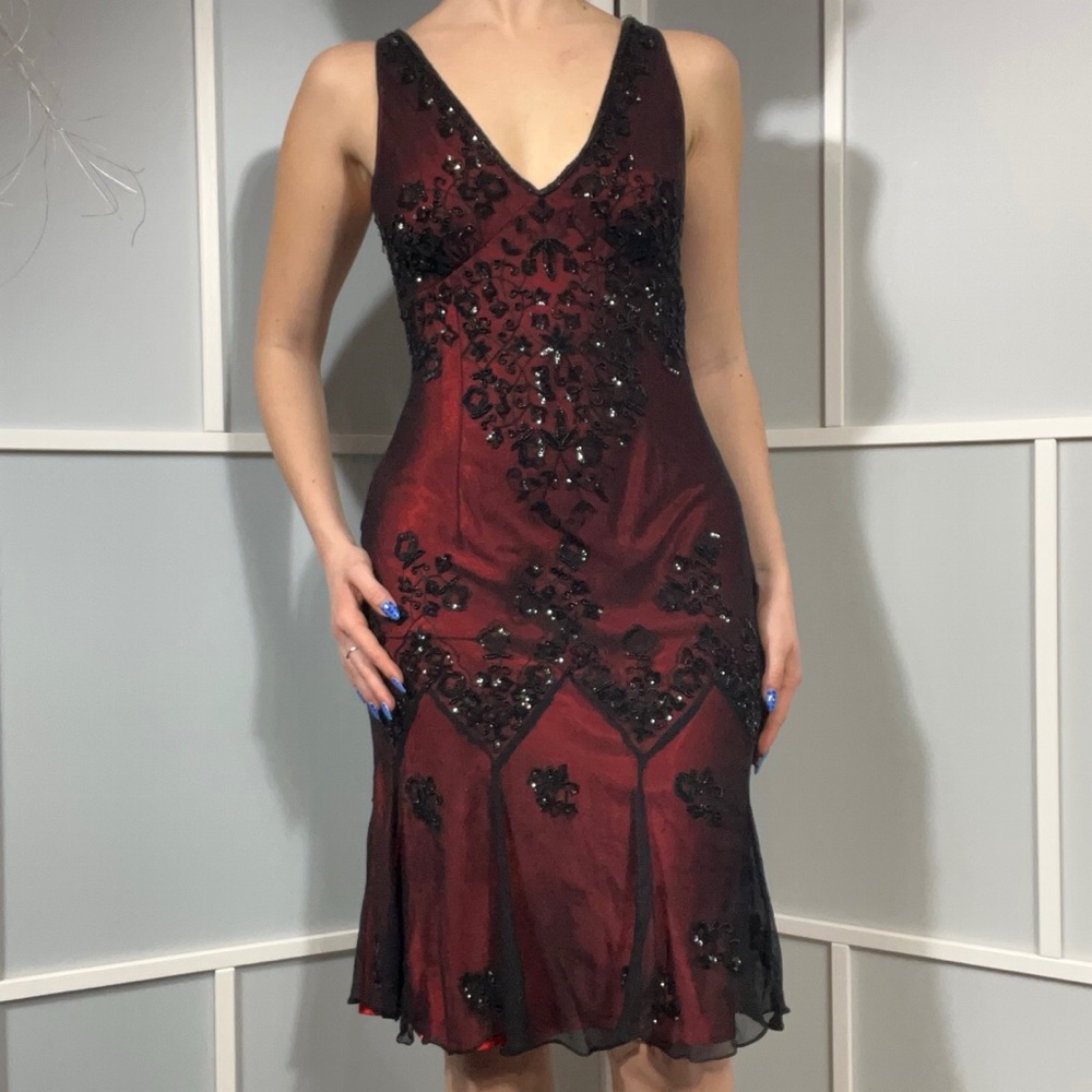Scala Silk Beaded Black and Red Y2K Evening Prom Dress
